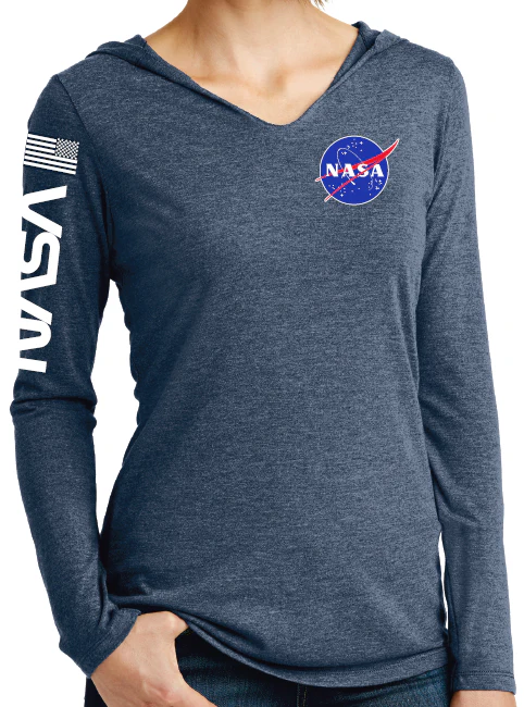 NASA Logo Ladies Long Sleeve Hooded Shirt with NASA Worm and USA Flag Fuchsia or Navy Frost - Image 3