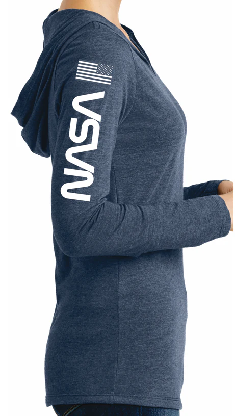 NASA Logo Ladies Long Sleeve Hooded Shirt with NASA Worm and USA Flag Fuchsia or Navy Frost - Image 4